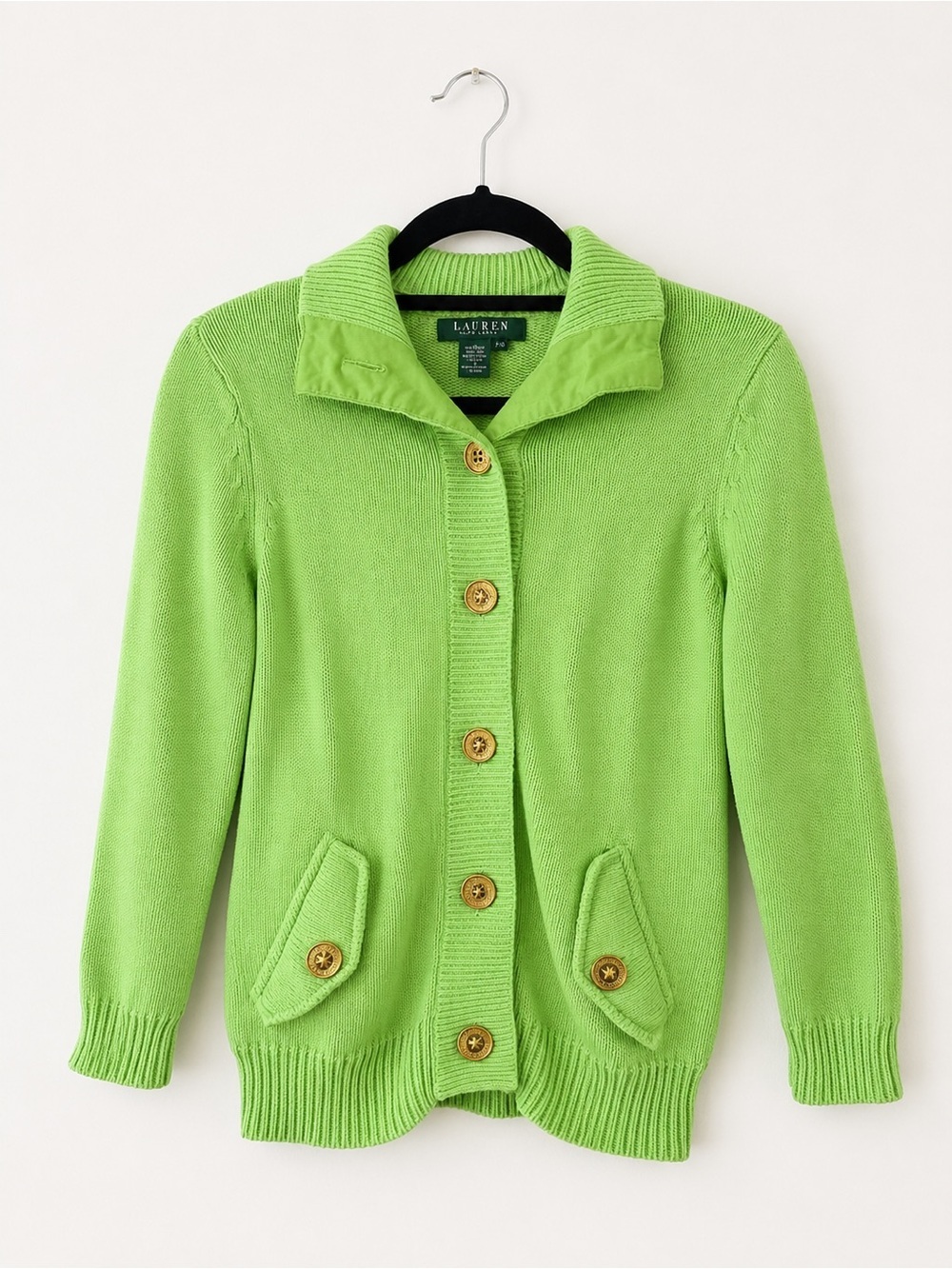 LAUREN RALPH LAUREN Petite Lime Green Cotton Cardigan Sweater Jacket P/S